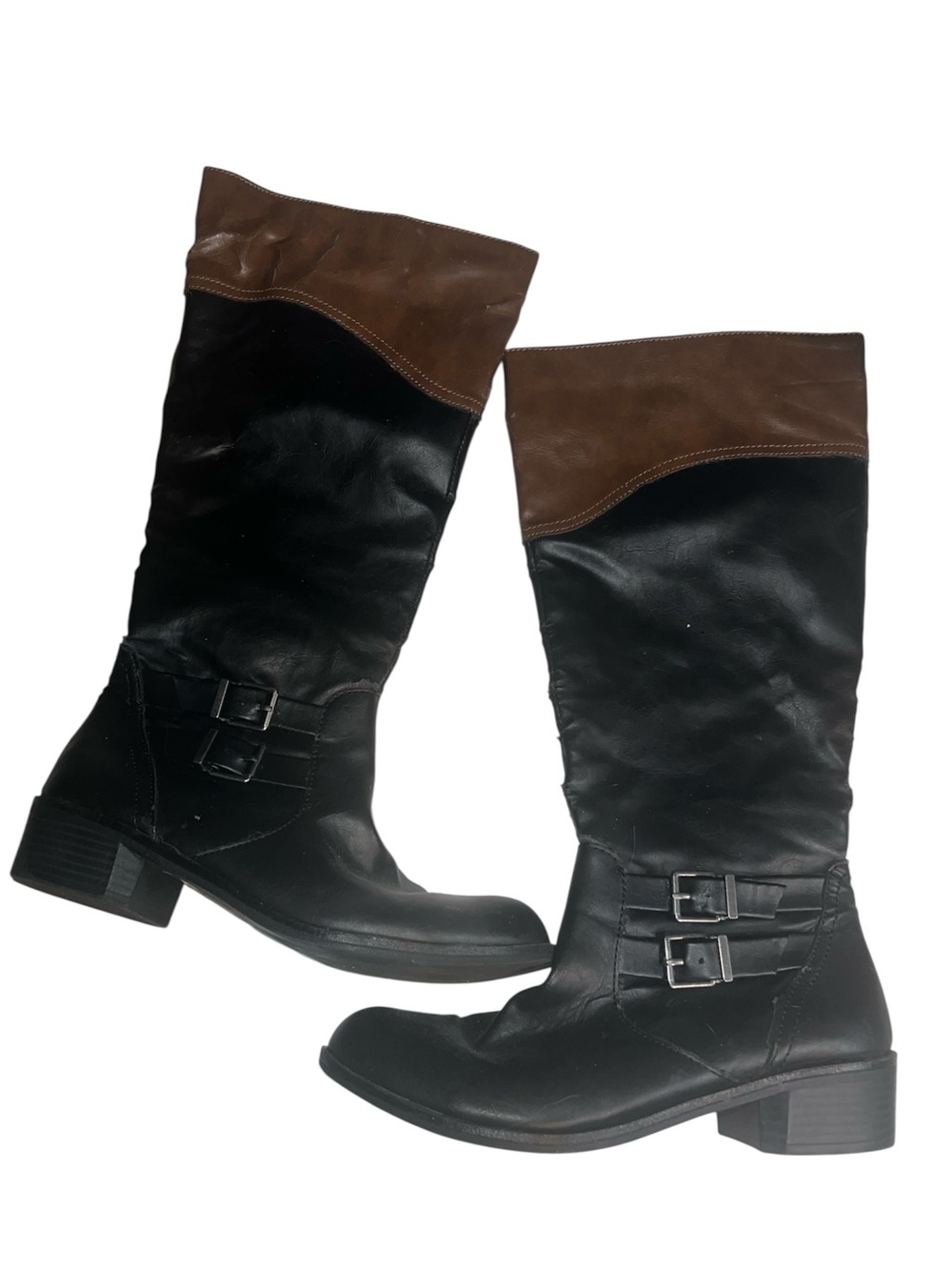 Me Too Women’s Leather Two-Tone Black and Brown Mid-Calf Riding Boots Size 10